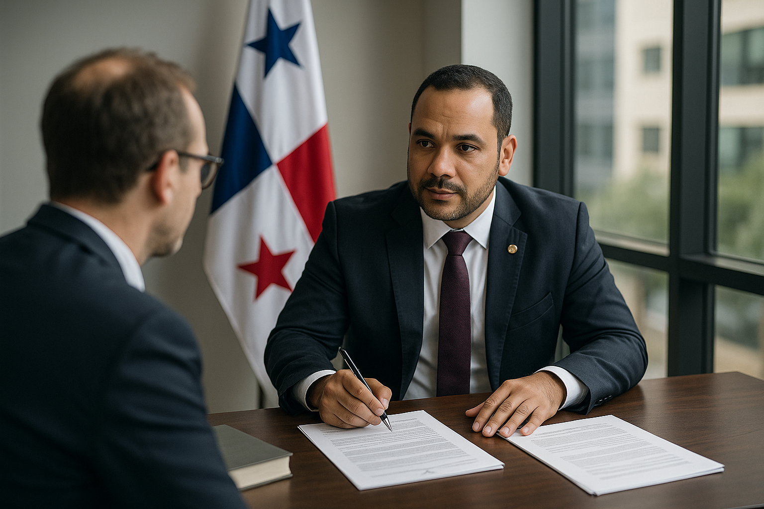 Abogado corporativo trabajando en documentos legales en oficina de Panamá